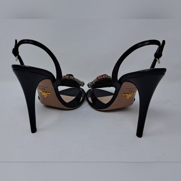 NWOT Prada Women's Black Red Rose Crystals Slingback Sandals Heels 39 EU 9 US - Picture 12 of 15